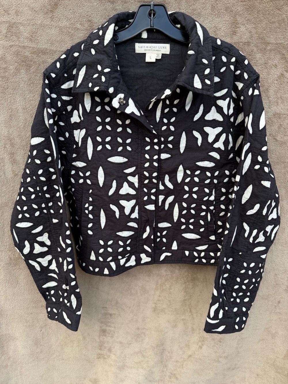 Saltwater Luxe Black & White Cutout-Pattern Cropped Jean Jacket